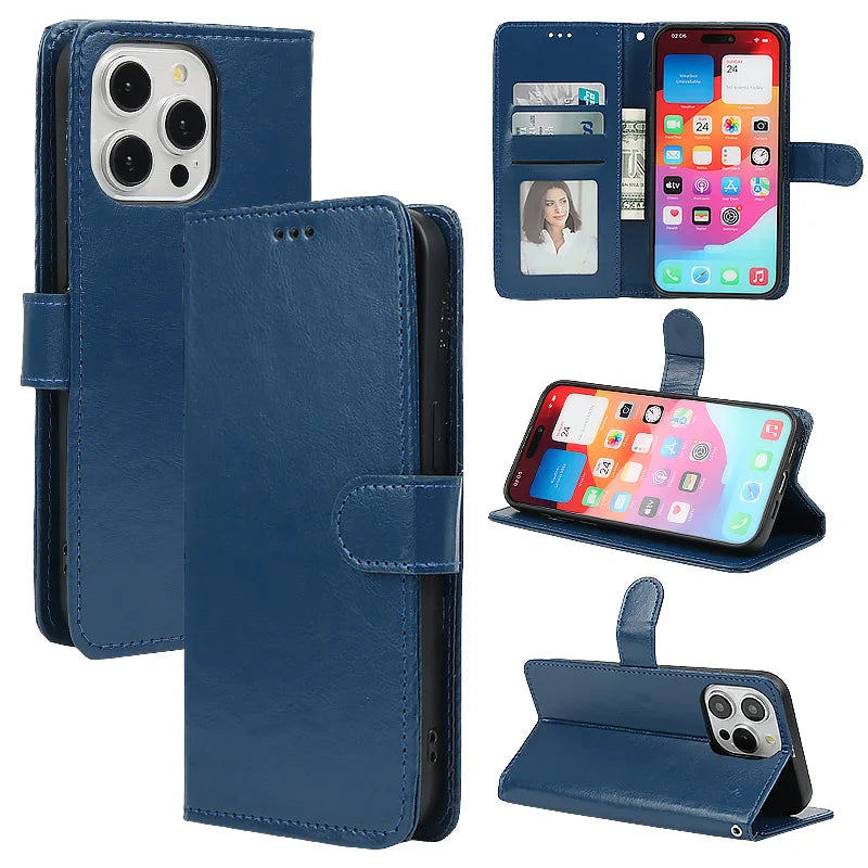 Leather Flip Wallet iPhone Case | Card Slots + Stand | iPhone 6–15 Pro Max