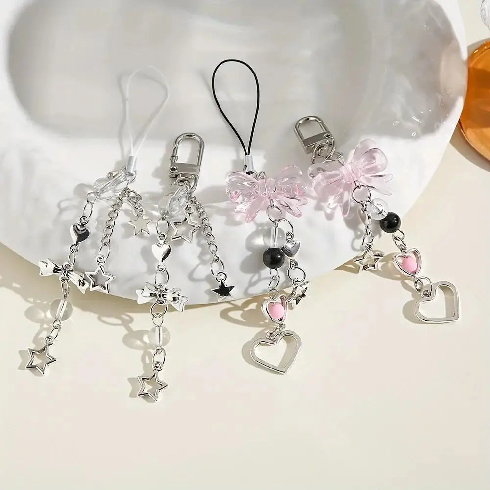 Pink Bow Phone Strap | Beaded Lanyard with Keychain | Universal
