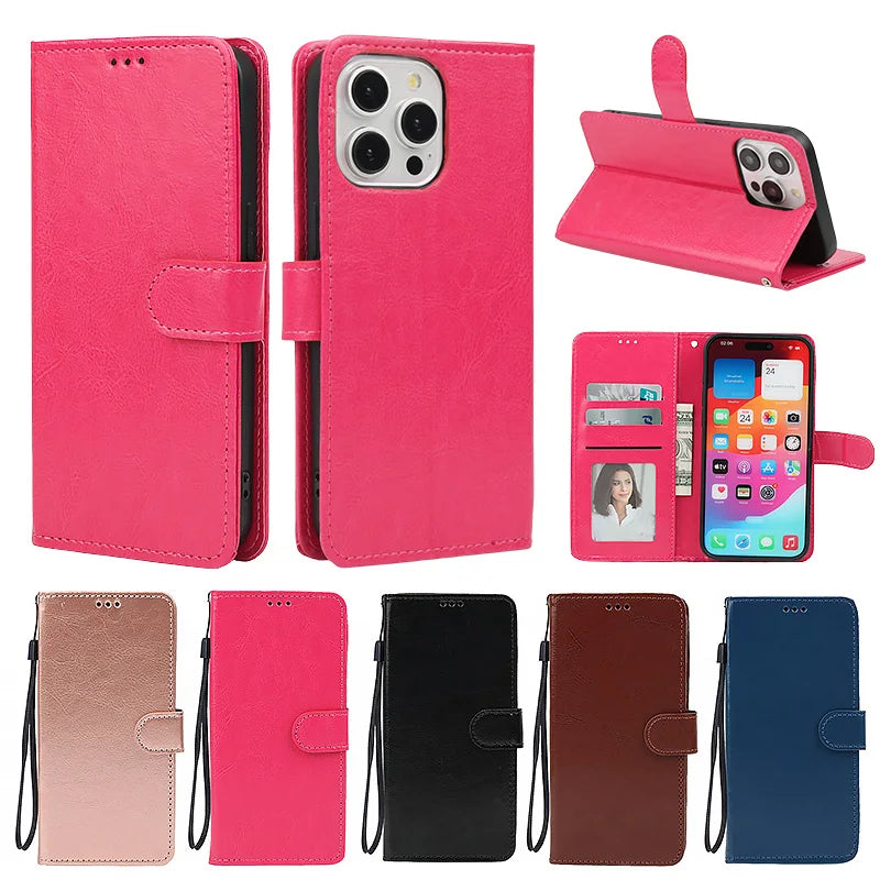 Leather Flip Wallet iPhone Case | Card Slots + Stand | iPhone 6–15 Pro Max