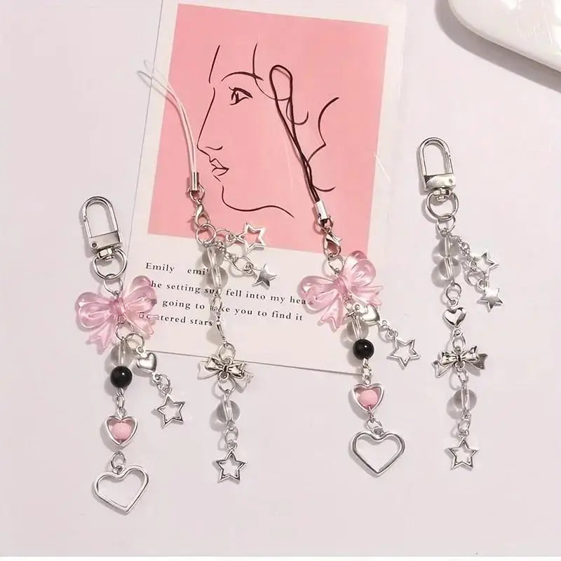 Pink Bow Phone Strap | Beaded Lanyard with Keychain | Universal