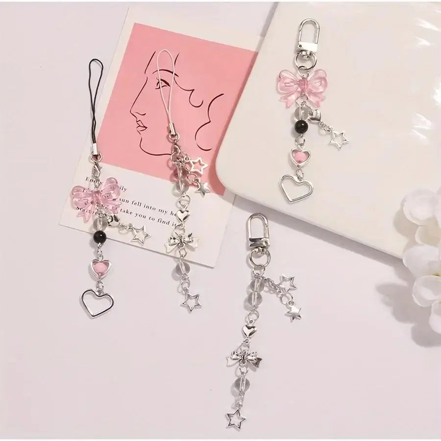 Pink Bow Phone Strap | Beaded Lanyard with Keychain | Universal