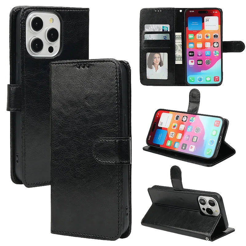 Leather Flip Wallet iPhone Case | Card Slots + Stand | iPhone 6–15 Pro Max