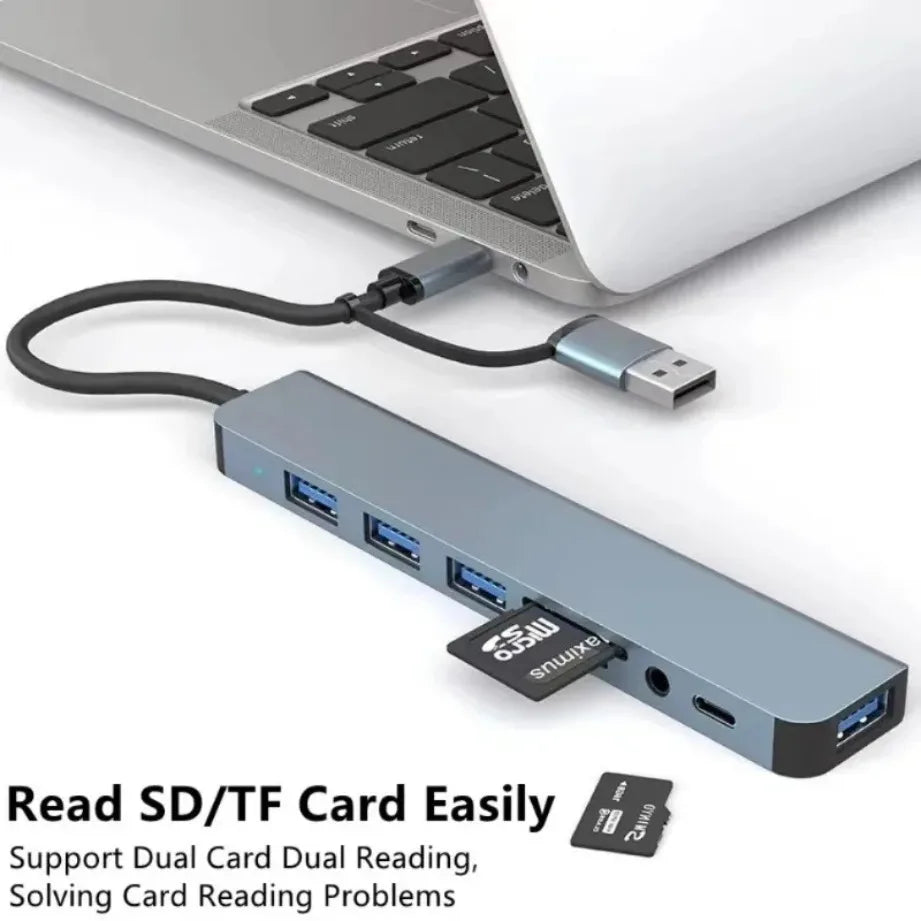 8-in-2 USB-C Hub | USB 3.0 + USB-C + SD/TF + 3.5mm Audio | For MacBook, PC & Tablet