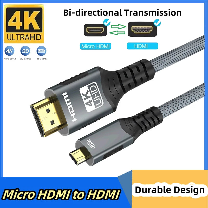 Micro HDMI to HDMI Cable 4K@60Hz | Braided 18Gbps | For Camera, Tablet & Laptop