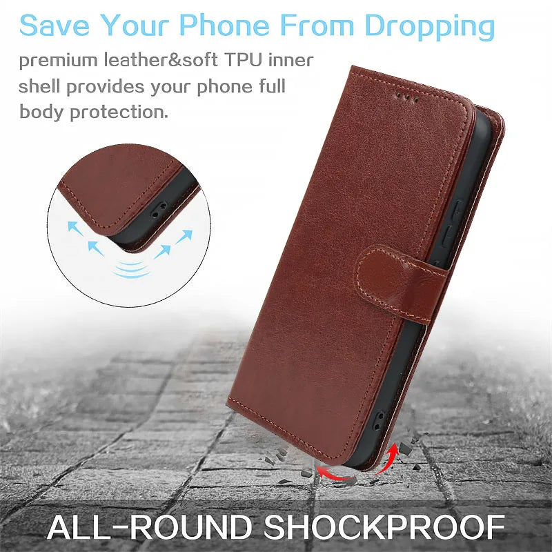 Leather Flip Wallet iPhone Case | Card Slots + Stand | iPhone 6–15 Pro Max