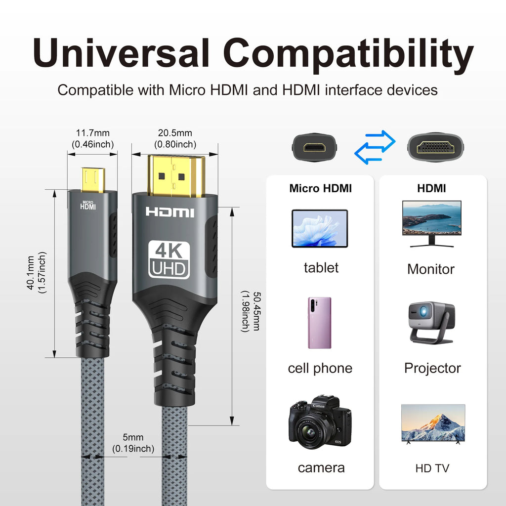 Micro HDMI to HDMI Cable 4K@60Hz | Braided 18Gbps | For Camera, Tablet & Laptop
