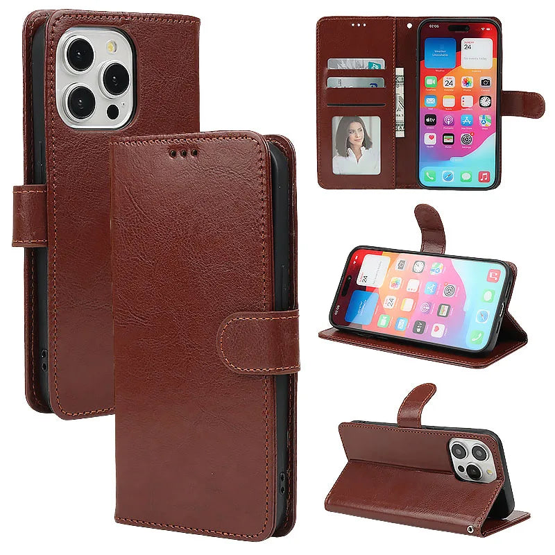 Leather Flip Wallet iPhone Case | Card Slots + Stand | iPhone 6–15 Pro Max