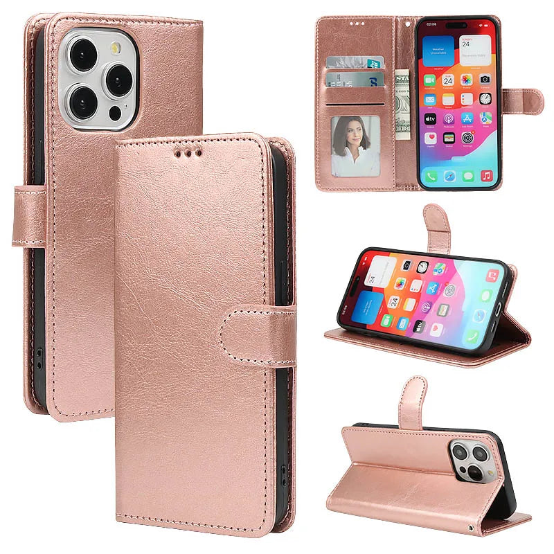 Leather Flip Wallet iPhone Case | Card Slots + Stand | iPhone 6–15 Pro Max