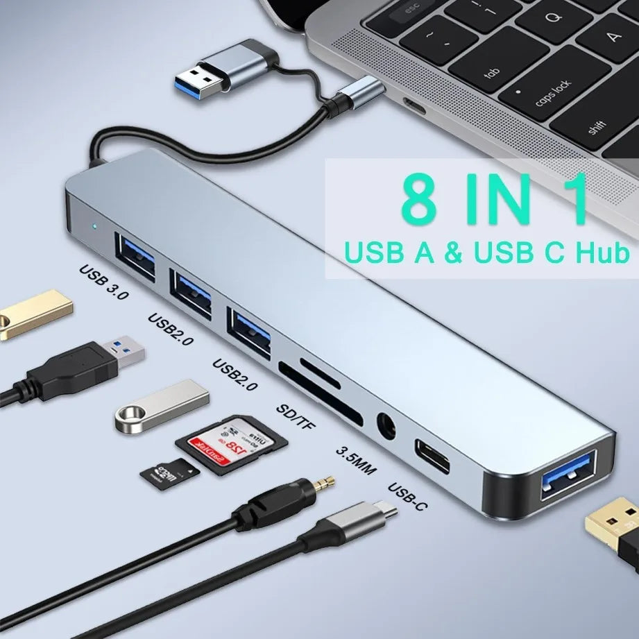 8-in-2 USB-C Hub | USB 3.0 + USB-C + SD/TF + 3.5mm Audio | For MacBook, PC & Tablet