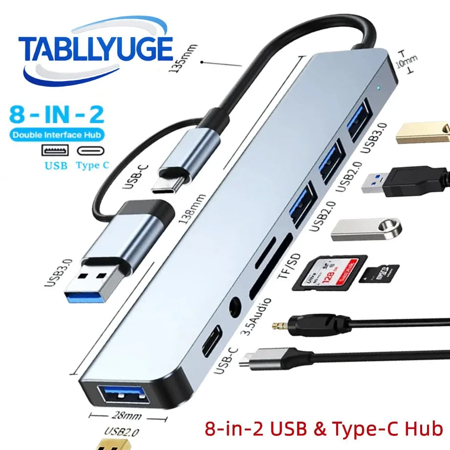 8-in-2 USB-C Hub | USB 3.0 + USB-C + SD/TF + 3.5mm Audio | For MacBook, PC & Tablet