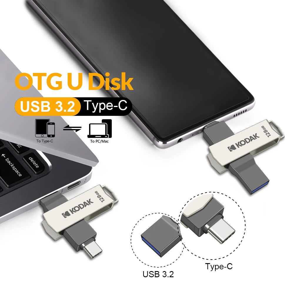 KODAK USB 3.2 Flash Drive | Dual USB-A + Type-C | 32GB / 128GB / 256GB | Metal Body