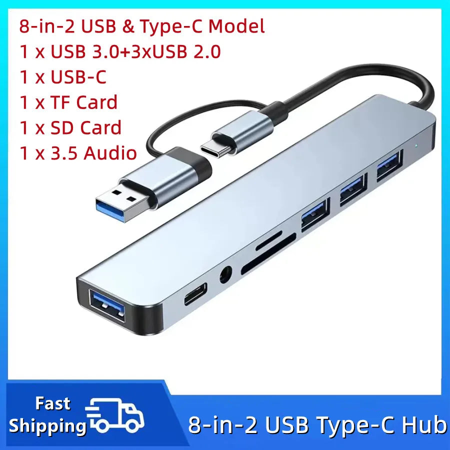 8-in-2 USB-C Hub | USB 3.0 + USB-C + SD/TF + 3.5mm Audio | For MacBook, PC & Tablet