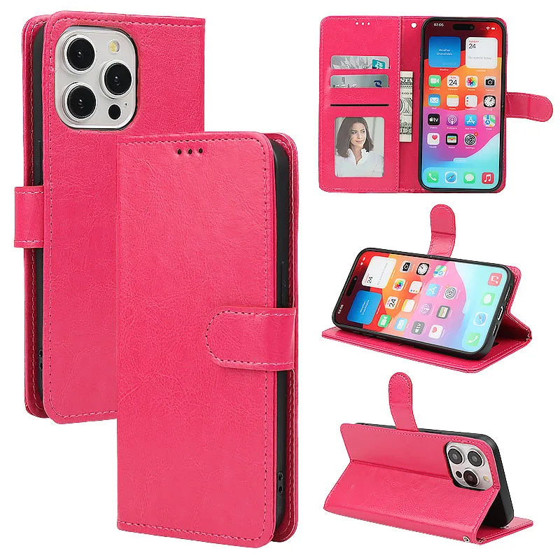 Leather Flip Wallet iPhone Case | Card Slots + Stand | iPhone 6–15 Pro Max