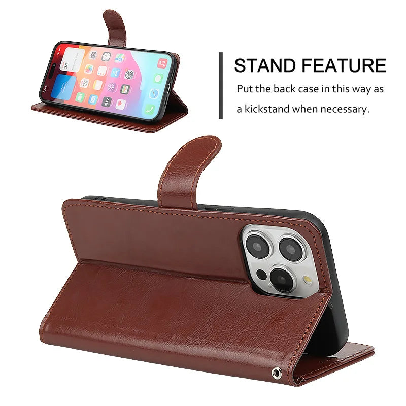 Leather Flip Wallet iPhone Case | Card Slots + Stand | iPhone 6–15 Pro Max