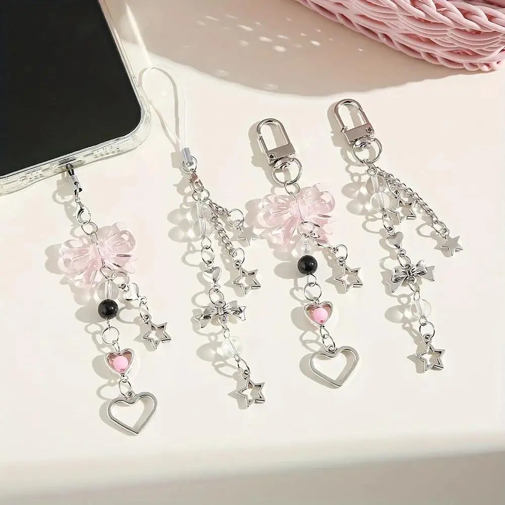 Pink Bow Phone Strap | Beaded Lanyard with Keychain | Universal