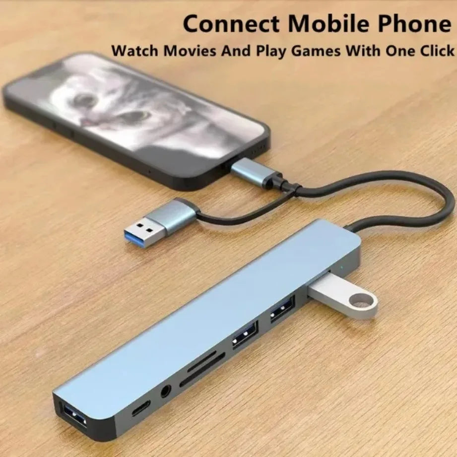 8-in-2 USB-C Hub | USB 3.0 + USB-C + SD/TF + 3.5mm Audio | For MacBook, PC & Tablet