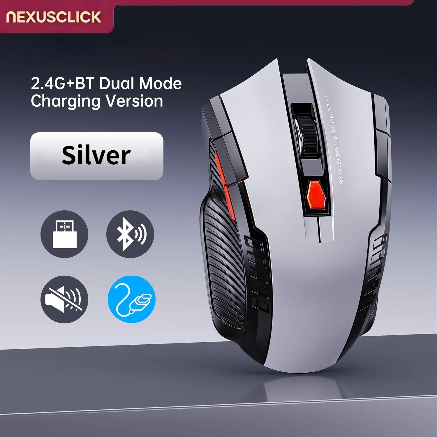 NexusClick Wireless Silent Mouse | 2.4G & Bluetooth Dual Mode | 6 Buttons | 1600 DPI | Type-C Rechargeable