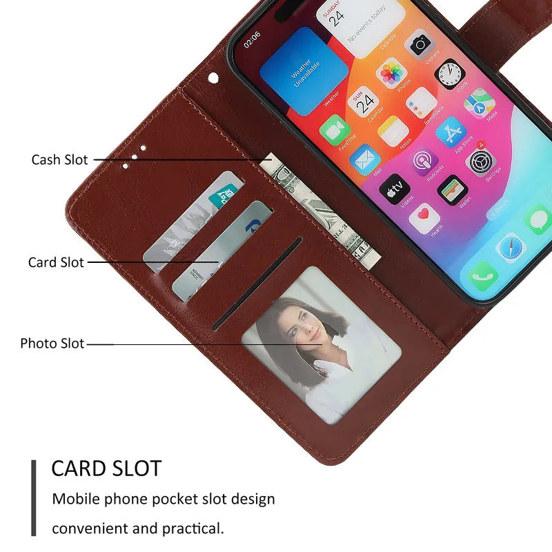 Leather Flip Wallet iPhone Case | Card Slots + Stand | iPhone 6–15 Pro Max